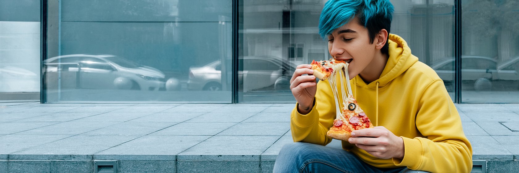Young man eating pizza